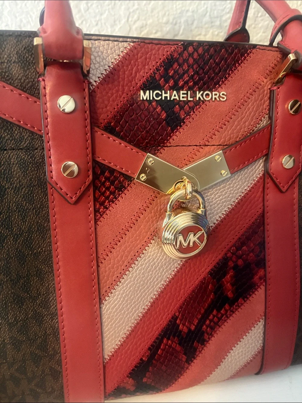 Michael Kors Red and Brown Logo Stripe Satchel with Gold Lock